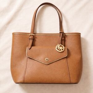 Michael Kors Saffiano Leather Tote – Tan / Luggage Brown – Gold Hardware